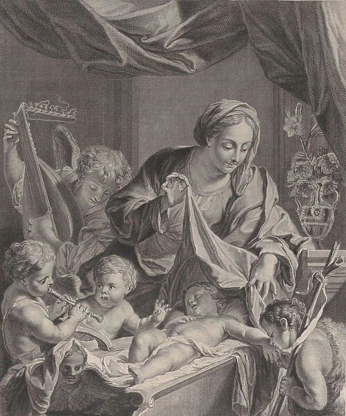 The Virgin holding a cloth above the sleeping Christ child, with musical angels and th