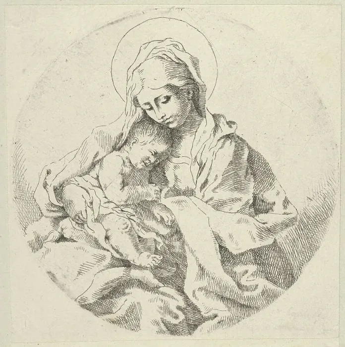 Framed Print : The Virgin holding the infant Christ, a circular composition, after Reni, ca. 1600-1640. Creator: Anon Framed Print : The Virgin holding the infant Christ, a circular composition, after Reni, ca. 1600-1640. Creator: Anon