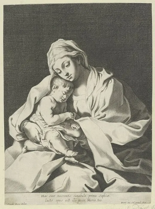 Framed Print : The Virgin holding the infant Christ on her lap, after Reni, 1630-78. Creator: Anon Framed Print : The Virgin holding the infant Christ on her lap, after Reni, 1630-78. Creator: Anon