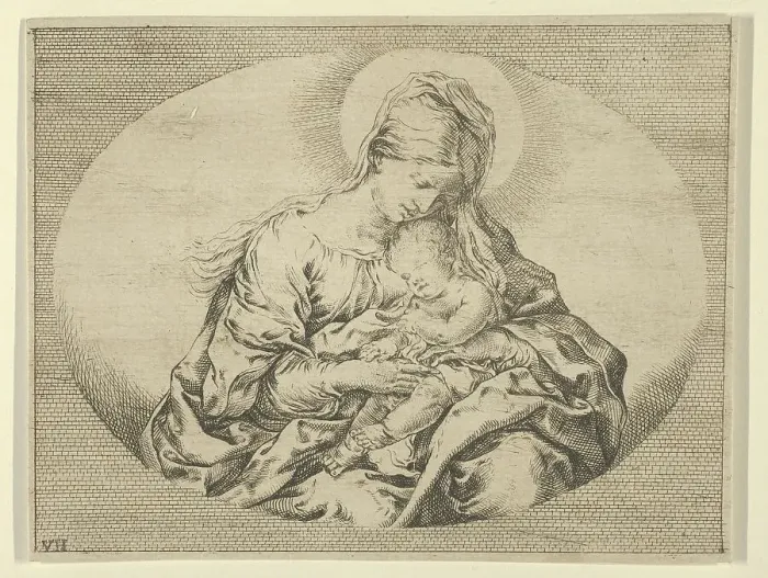 Framed Print : The Virgin holding the infant Christ, an oval composition, after Reni, ca. 1600-1640. Creator: Anon Framed Print : The Virgin holding the infant Christ, an oval composition, after Reni, ca. 1600-1640. Creator: Anon