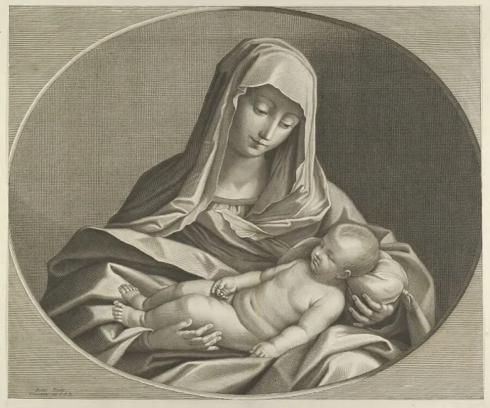 Framed Print : The Virgin holding the sleeping infant Christ on her lap, after Reni, 1741-84. Creator: Anon Framed Print : The Virgin holding the sleeping infant Christ on her lap, after Reni, 1741-84. Creator: Anon