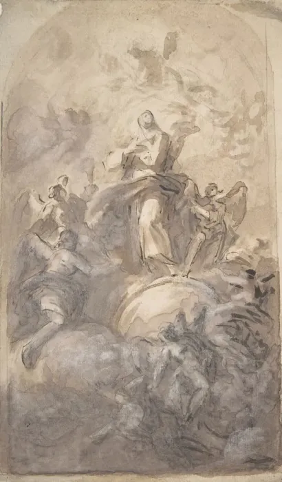 Framed Print : The Virgin Immaculate in Glory (recto); Sketch of a Part of a Leg and a Hand (verso) Framed Print : The Virgin Immaculate in Glory (recto); Sketch of a Part of a Leg and a Hand (verso)