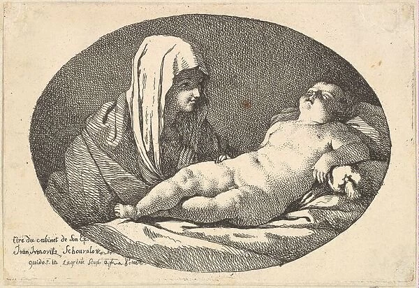 The Virgin at left watching the infant Christ as he sleeps, an oval composition, after