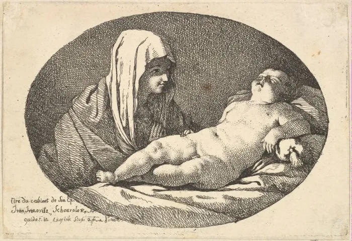 Framed Print : The Virgin at left watching the infant Christ as he sleeps, an oval composition, after Framed Print : The Virgin at left watching the infant Christ as he sleeps, an oval composition, after