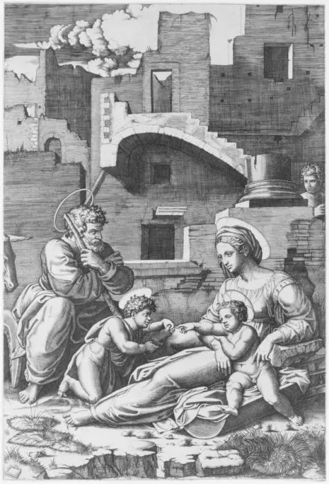 Framed Print : The Virgin with the long thigh sitting with the Christ Child, St John the Baptist... ca. 1518-19. Creator: Marcantonio Raimondi Framed Print : The Virgin with the long thigh sitting with the Christ Child, St John the Baptist... ca. 1518-19. Creator: Marcantonio Raimondi