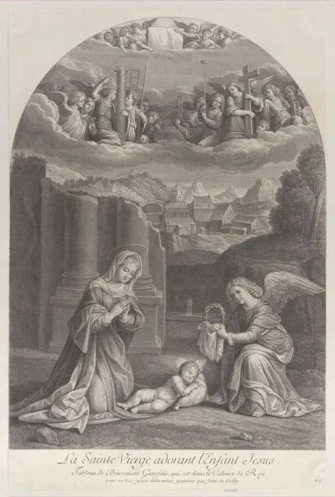 Framed Print : The Virgin Mary adoring the Christ child, an angel holding a crown of thorns at right Framed Print : The Virgin Mary adoring the Christ child, an angel holding a crown of thorns at right