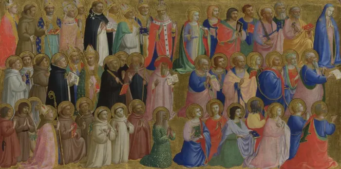 Framed Print : The Virgin Mary with the Apostles and Other Saints (Panel from Fiesole San Domenico Altarpiece), c. 1423-1424. Artist: Angelico, Fra Giovanni, da Fiesole (ca. 1400-1455) Framed Print : The Virgin Mary with the Apostles and Other Saints (Panel from Fiesole San Domenico Altarpiece), c. 1423-1424. Artist: Angelico, Fra Giovanni, da Fiesole (ca. 1400-1455)