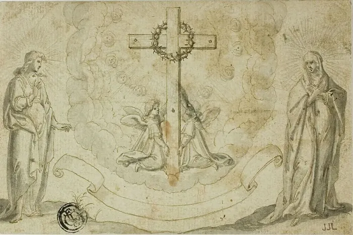 Framed Print : Virgin Mary and St. John the Evangelist Beholding a Vision of the Cross Held by Two Angels, n.d. Creator: Christoph Schwarz Framed Print : Virgin Mary and St. John the Evangelist Beholding a Vision of the Cross Held by Two Angels, n.d. Creator: Christoph Schwarz