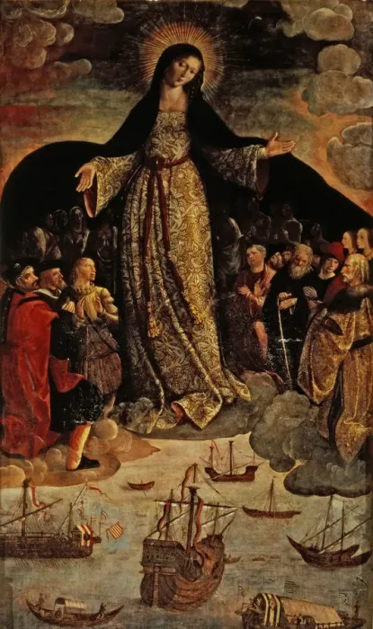 Framed Print : Virgin of the Navigators detail of the table by Alejo Fernandez