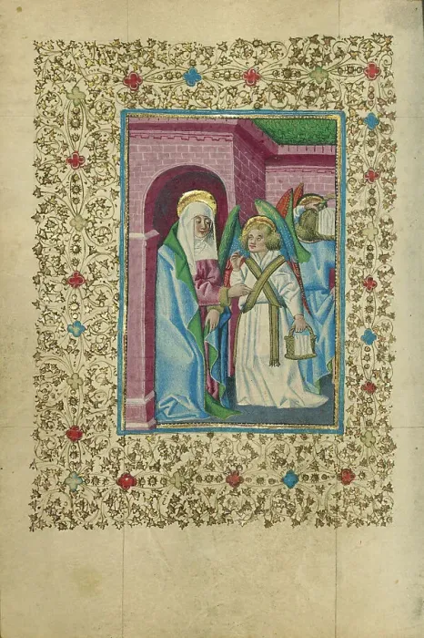 Framed Print : The Virgin Nourished by an Angel; Book of Hours, about 1460. Creator: Unknown