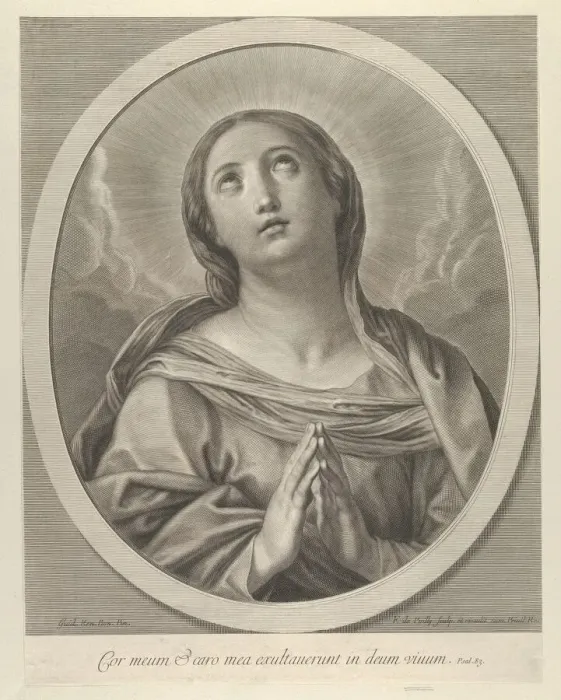 Framed Print : The Virgin in prayer, looking up with clouds behind her, in an oval frame, after Reni Framed Print : The Virgin in prayer, looking up with clouds behind her, in an oval frame, after Reni