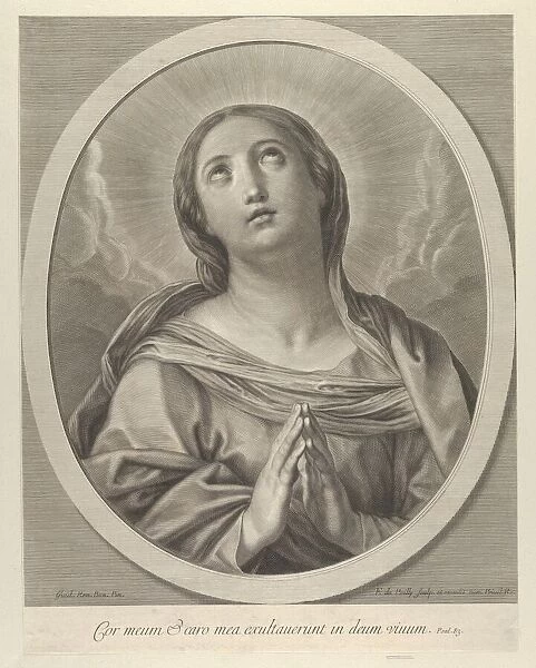 The Virgin in prayer, looking up with clouds behind her, in an oval frame, after Reni