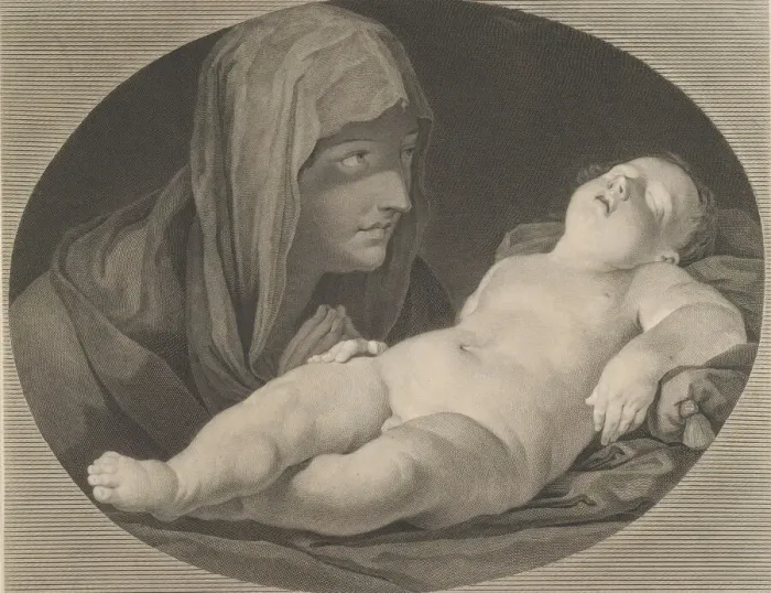 Framed Print : The Virgin in prayer, looking at the sleeping infant Christ, in an oval frame, after Reni Framed Print : The Virgin in prayer, looking at the sleeping infant Christ, in an oval frame, after Reni