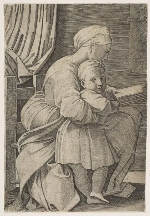 Framed Print : The Virgin in profile facing right reading to the infant Christ, ca. 1515-27 Framed Print : The Virgin in profile facing right reading to the infant Christ, ca. 1515-27