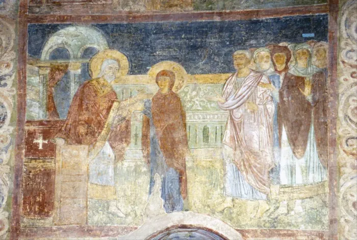 Framed Print : The Virgin Receiving the Purple and Cochineal. Artist: Ancient Russian frescos Framed Print : The Virgin Receiving the Purple and Cochineal. Artist: Ancient Russian frescos