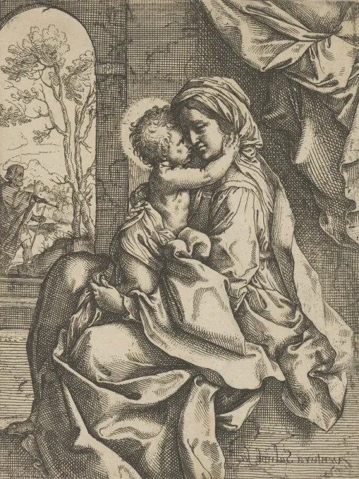 Framed Print : The Virgin seated with the Christ Child on her lap embracing her, Joseph seen thr... ca Framed Print : The Virgin seated with the Christ Child on her lap embracing her, Joseph seen thr... ca