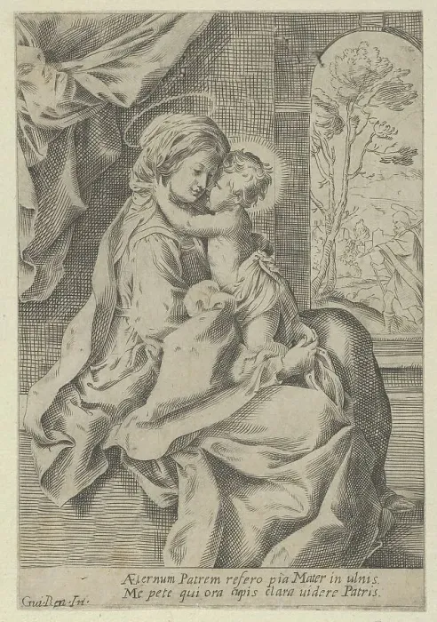Framed Print : The Virgin seated with the Christ Child on her lap embracing her, St Joseph seen... ca. 1600-1640. Creator: Anon Framed Print : The Virgin seated with the Christ Child on her lap embracing her, St Joseph seen... ca. 1600-1640. Creator: Anon