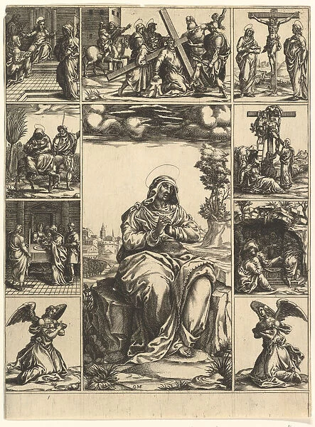 The Virgin of Sorrows; an image of the Virgin Mary surrounded by nine vignettes depict