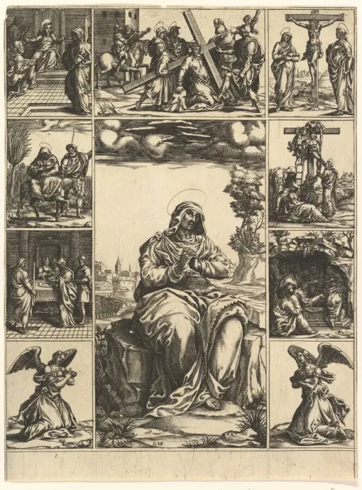Framed Print : The Virgin of Sorrows; an image of the Virgin Mary surrounded by nine vignettes depict Framed Print : The Virgin of Sorrows; an image of the Virgin Mary surrounded by nine vignettes depict