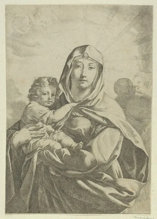 Framed Print : The Virgin standing facing front and holding the infant Christ, angels behind them... ca 1700-1800. Creator: Anon Framed Print : The Virgin standing facing front and holding the infant Christ, angels behind them... ca 1700-1800. Creator: Anon