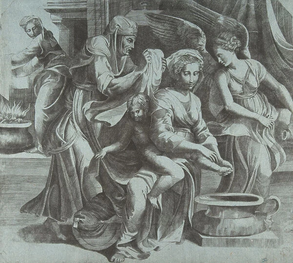 The Virgin washing the Christ Child accompanied by figures and an angel at right, ... ca