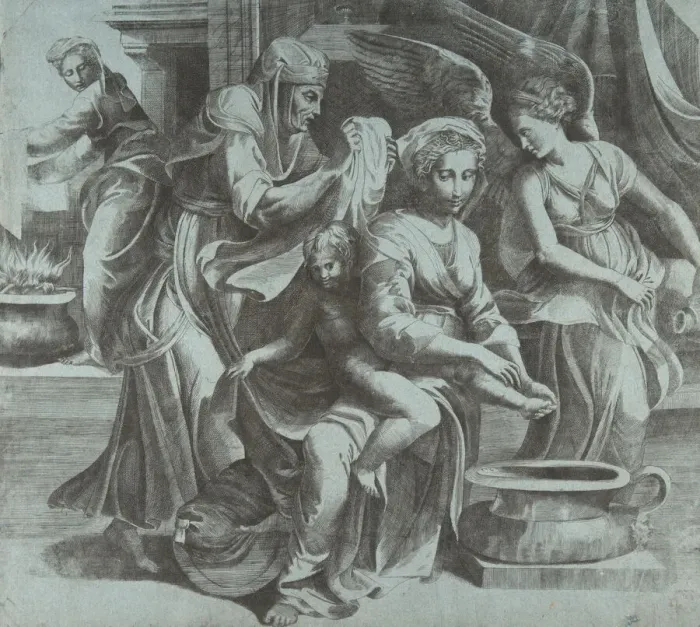 Framed Print : The Virgin washing the Christ Child accompanied by figures and an angel at right... ca Framed Print : The Virgin washing the Christ Child accompanied by figures and an angel at right... ca