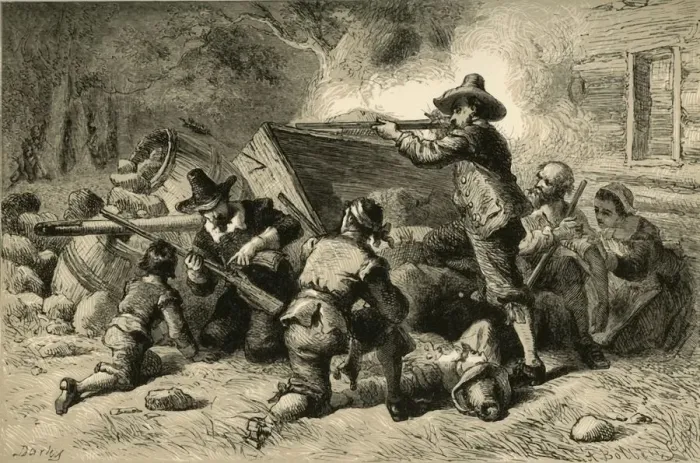 Framed Print : Virginians Defending Themselves Against Indians, (1877). Creator: Albert Bobbett