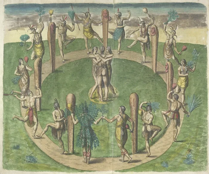 Framed Print : The Virginians manner of dancing at their religious festivals, 1618. Creator: Theodor de Bry Framed Print : The Virginians manner of dancing at their religious festivals, 1618. Creator: Theodor de Bry
