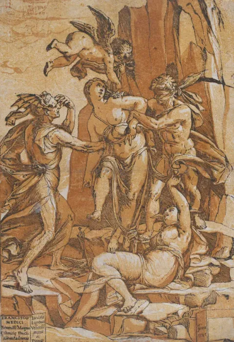 Framed Print : Virtue as a young woman in the centre of four figures representing love, error Framed Print : Virtue as a young woman in the centre of four figures representing love, error