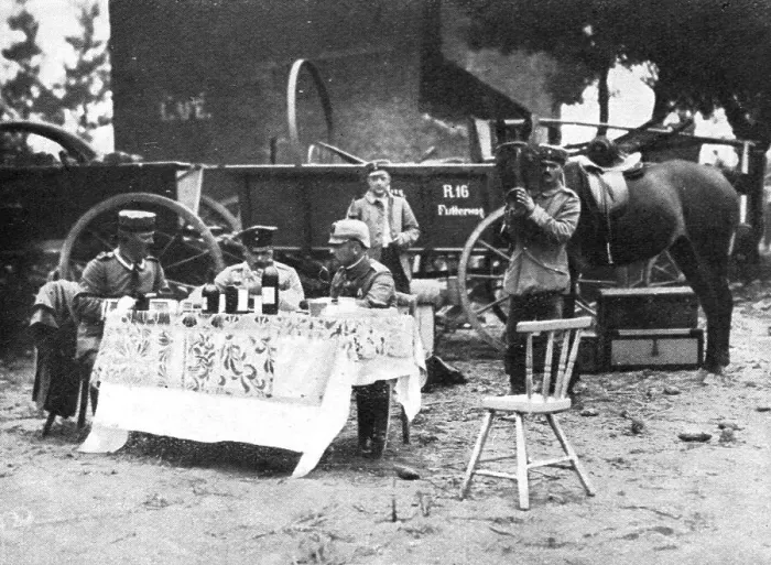 Framed Print : A Vise, des officiers allemands degustent en plein air les vins requisitionnes, 1914. Creator: Unknown Framed Print : A Vise, des officiers allemands degustent en plein air les vins requisitionnes, 1914. Creator: Unknown