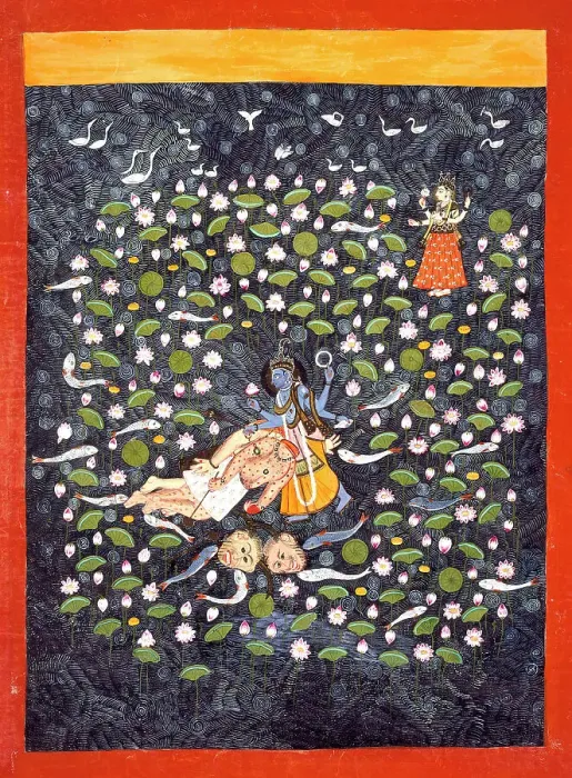 Framed Print : Vishnu Vanquishing the Demons Madhu and Kaitabha (recto).. c1775. Creator: Unknown Framed Print : Vishnu Vanquishing the Demons Madhu and Kaitabha (recto).. c1775. Creator: Unknown