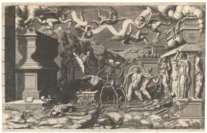 Framed Print : The Vision of Ezekiel; a group of corpses and skeletons emerging out of tombs Framed Print : The Vision of Ezekiel; a group of corpses and skeletons emerging out of tombs