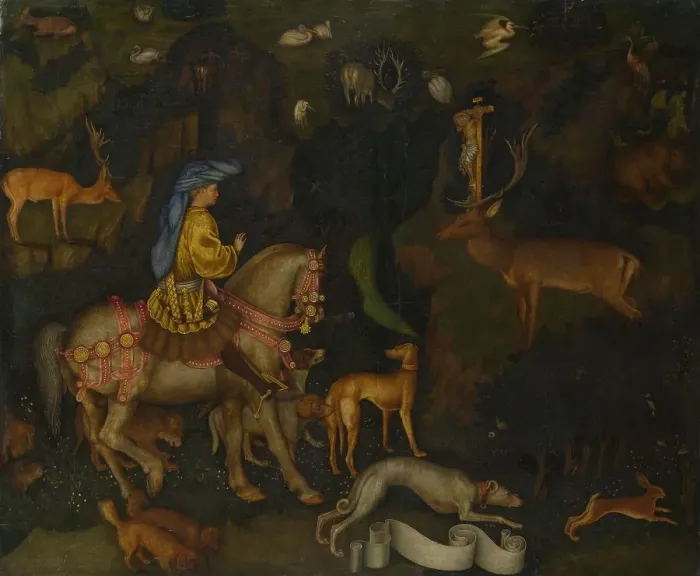 Framed Print : The Vision of Saint Eustace, c. 1440. Artist: Pisanello, Antonio (1395-1455) Framed Print : The Vision of Saint Eustace, c. 1440. Artist: Pisanello, Antonio (1395-1455)