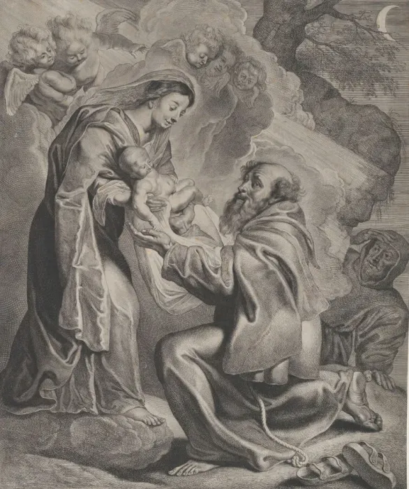 Framed Print : The Vision of Saint Francis, kneeling at right, receiving the Christ child from Framed Print : The Vision of Saint Francis, kneeling at right, receiving the Christ child from