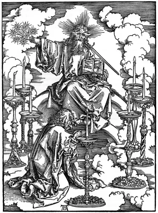 Framed Print : The Vision of The Seven Candlesticks from the Apocalypse, 1498, (1936). Artist: Albrecht Durer