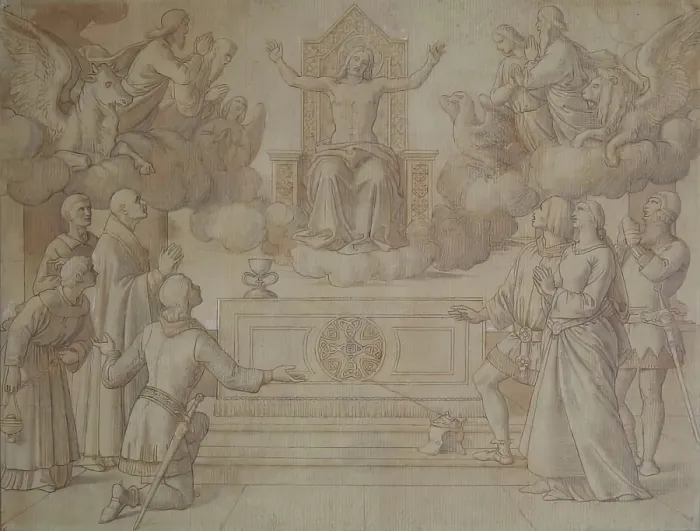 Framed Print : The Vision of Sir Galahad and his Company - Sketch for 'Religion' in the House of Lords, c1850. Creator: William Dyce Framed Print : The Vision of Sir Galahad and his Company - Sketch for 'Religion' in the House of Lords, c1850. Creator: William Dyce