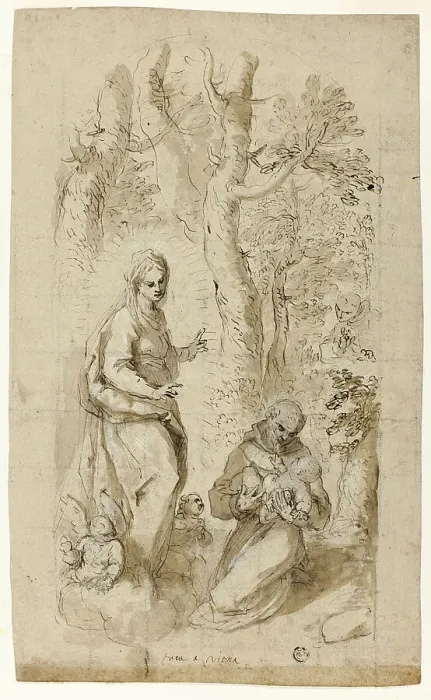 Framed Print : Vision of St. Francis of Assisi (recto); Saint Jerome, Vision of Saint Francis, and... c.1618. Creator: Jacopo Palma Framed Print : Vision of St. Francis of Assisi (recto); Saint Jerome, Vision of Saint Francis, and... c.1618. Creator: Jacopo Palma