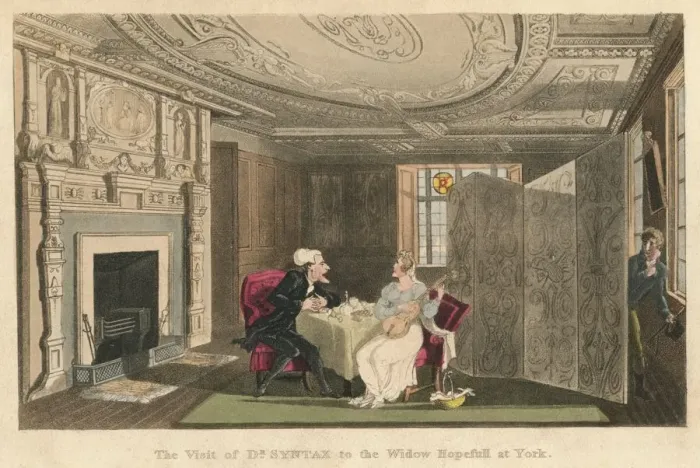 Framed Print : The Visist of Dr Syntax to the Widow Hopefull at York, 1820. Artist: Thomas Rowlandson Framed Print : The Visist of Dr Syntax to the Widow Hopefull at York, 1820. Artist: Thomas Rowlandson