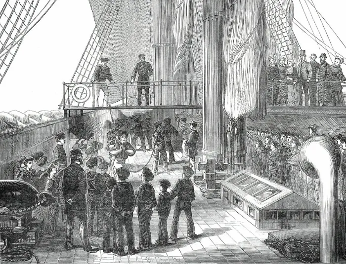Framed Print : Visit of the Boys of the Clyde training-ship Cumberland to H.M.S. Aurora, 1876. Creator: Unknown Framed Print : Visit of the Boys of the Clyde training-ship Cumberland to H.M.S. Aurora, 1876. Creator: Unknown