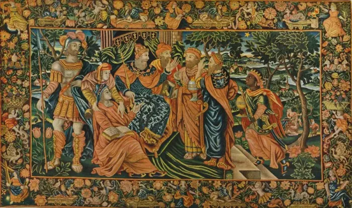 Framed Print : Visit of the Magi to Herod: Elizabethan Petit-Point Panel, c16th century Framed Print : Visit of the Magi to Herod: Elizabethan Petit-Point Panel, c16th century