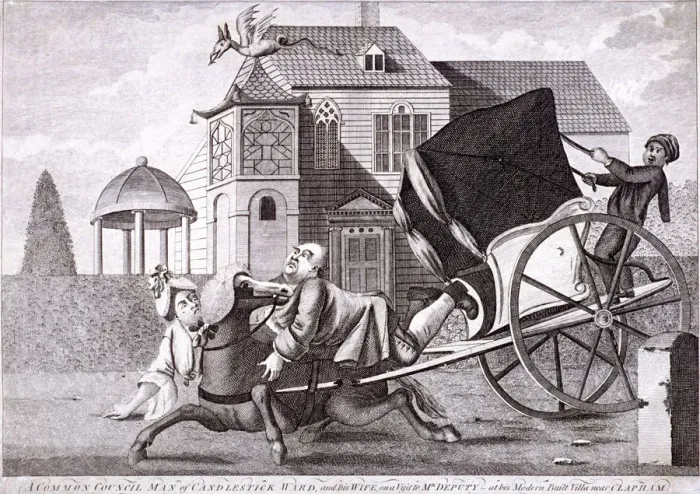 Framed Print : Visit to Mr Deputy - at his modern built villas near Clapham, London, c1750 Framed Print : Visit to Mr Deputy - at his modern built villas near Clapham, London, c1750