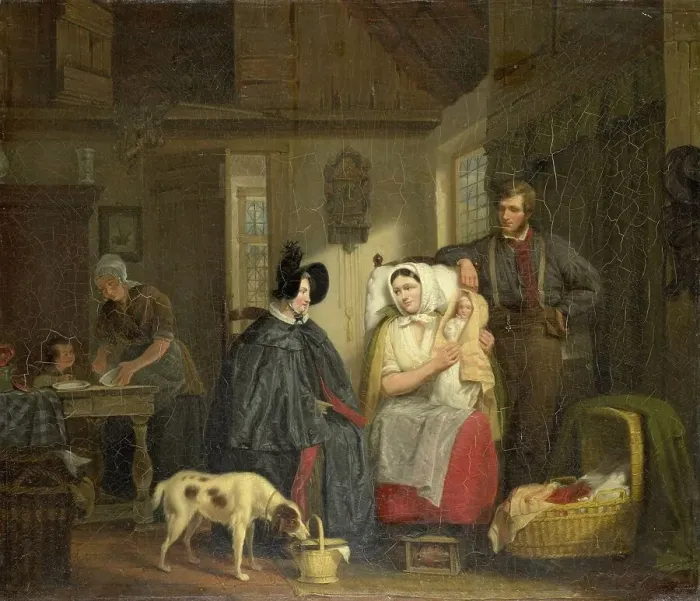 Framed Print : Visit to a New Mother, 1835. Creator: Moritz Calisch Framed Print : Visit to a New Mother, 1835. Creator: Moritz Calisch