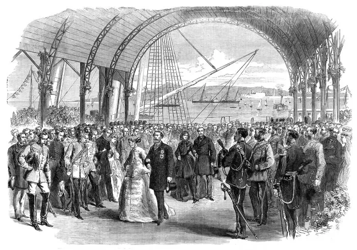 Framed Print : Visit of the Prince and Princess of Wales to Ireland: the Royal Party landing at...Kingstown, 1868. Creator: Unknown Framed Print : Visit of the Prince and Princess of Wales to Ireland: the Royal Party landing at...Kingstown, 1868. Creator: Unknown