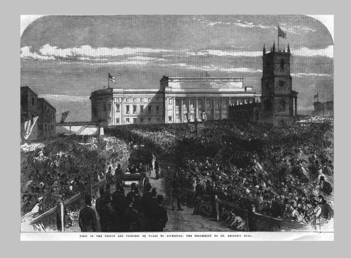 Framed Print : Visit of the Prince and Princess of Wales to Liverpool. The Procession to St. Georges Hall Framed Print : Visit of the Prince and Princess of Wales to Liverpool. The Procession to St. Georges Hall