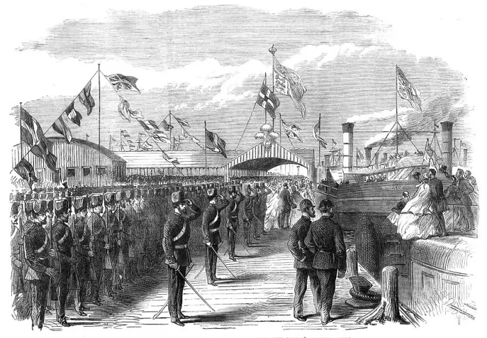 Framed Print : Visit of the Prince and Princess of Wales to Liverpool: departure...Prince's Landing-Stage, 1865. Creator: Unknown Framed Print : Visit of the Prince and Princess of Wales to Liverpool: departure...Prince's Landing-Stage, 1865. Creator: Unknown