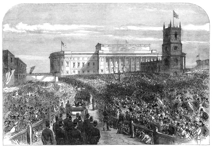 Framed Print : Visit of the Prince and Princess of Wales to Liverpool: the procession to St. George's Hall, 1865. Creator: Unknown Framed Print : Visit of the Prince and Princess of Wales to Liverpool: the procession to St. George's Hall, 1865. Creator: Unknown