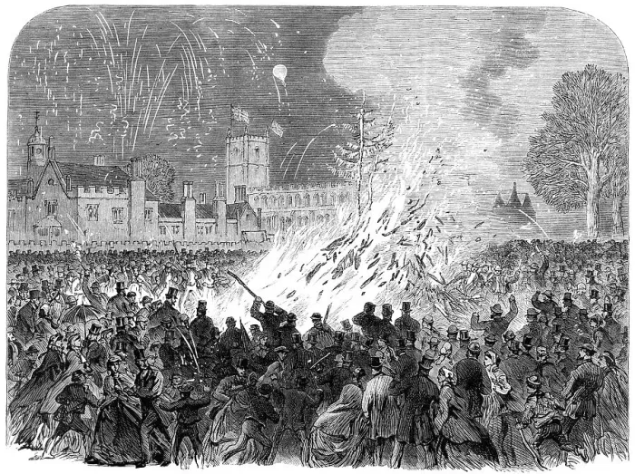 Framed Print : Visit of the Prince and Princess of Wales to Melford Hall, Suffolk: the bonfire on the Green, 1865. Creator: Unknown Framed Print : Visit of the Prince and Princess of Wales to Melford Hall, Suffolk: the bonfire on the Green, 1865. Creator: Unknown
