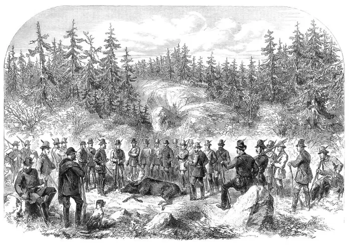 Framed Print : Visit of the Prince and Princess of Wales to Sweden: elk-shooting in the Forest of Högtorp…, 1864. Creator: Unknown Framed Print : Visit of the Prince and Princess of Wales to Sweden: elk-shooting in the Forest of Högtorp…, 1864. Creator: Unknown