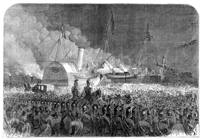 Framed Print : Visit of the Prince and Princess of Wales to Sweden: embarkation in the royal yacht Osborne…, 1864. Creator: Unknown Framed Print : Visit of the Prince and Princess of Wales to Sweden: embarkation in the royal yacht Osborne…, 1864. Creator: Unknown