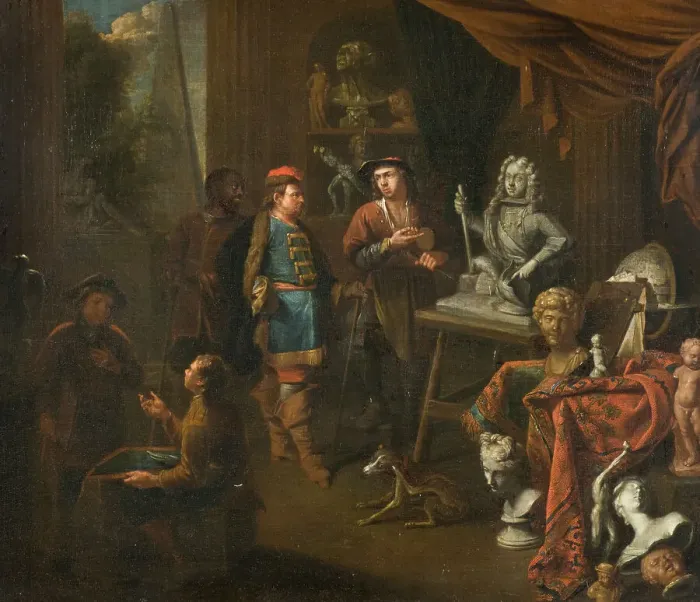 Framed Print : Visit in a Sculptor's Studio, 1704. Creator: Balthasar van den Bossche Framed Print : Visit in a Sculptor's Studio, 1704. Creator: Balthasar van den Bossche